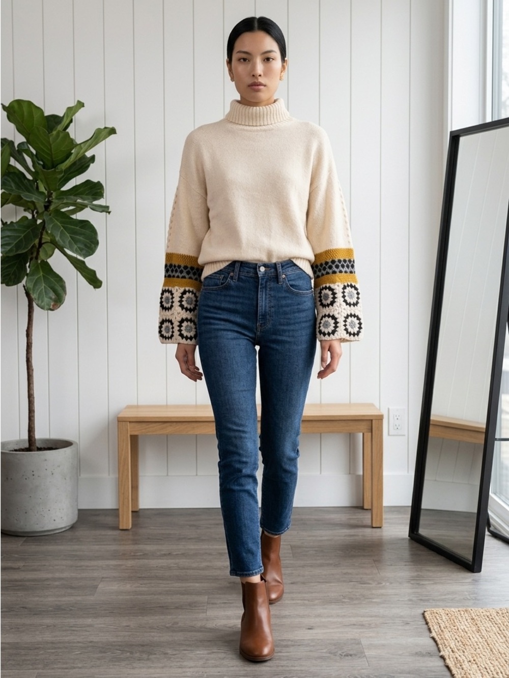 Cream Crochet-Sleeve Turtleneck Sweater
